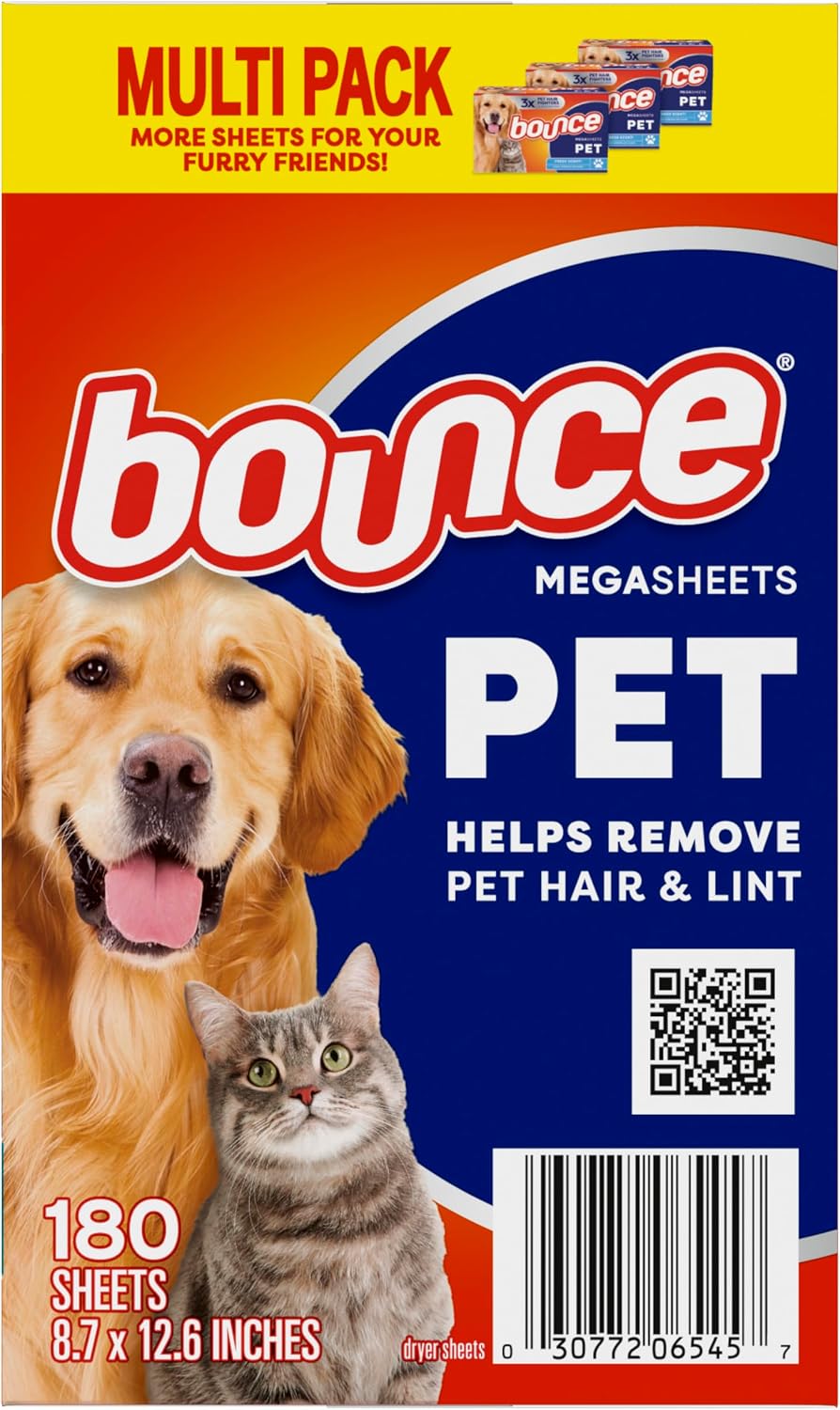 Bounce Pet Hair and Lint Guard Mega Dryer Sheets with 3X Pet Hair Fighters, Fresh Scent, 180 Count