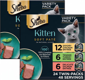 Sheba Perfect Portions Kitten Wet Cat Food Pate Chicken Entree, Salmon Entree, and Turkey, 2.6 oz. Twin-Pack Trays (, 48 Servings), 24 Count (Pack of 2)