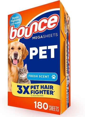 Bounce Pet Hair and Lint Guard Mega Dryer Sheets with 3X Pet Hair Fighters, Fresh Scent, 180 Count