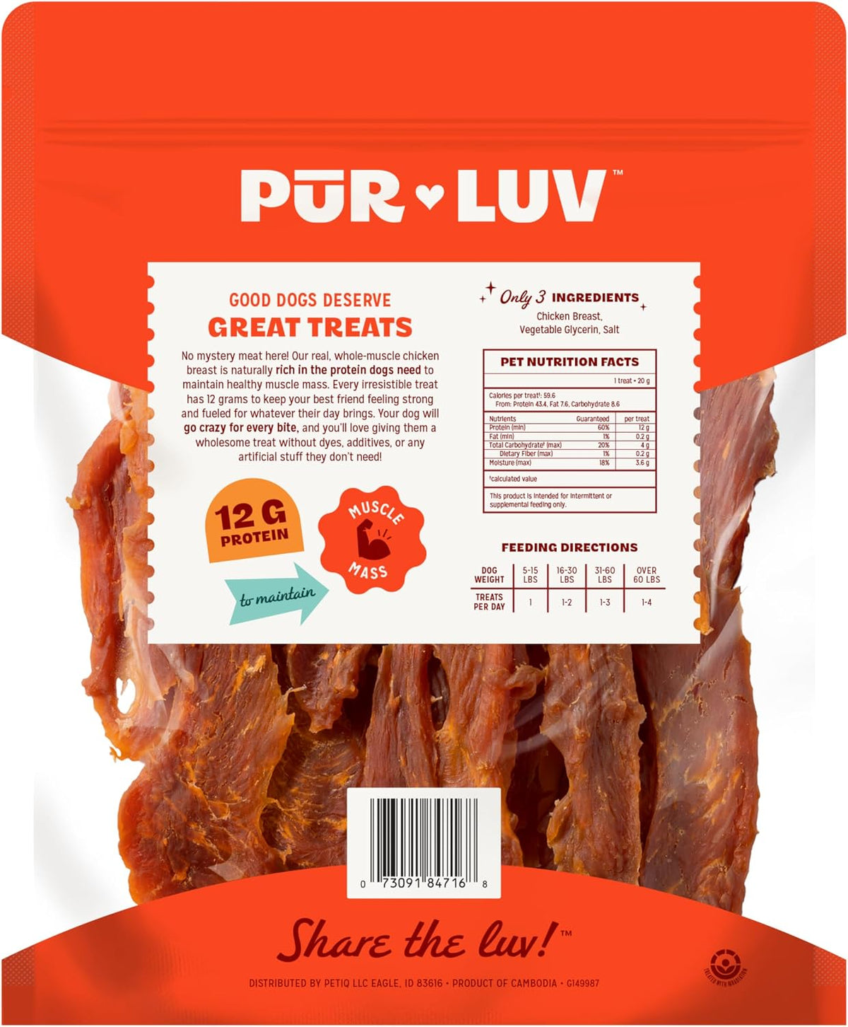 Pur Luv Dog Treats, Chicken Jerky Dog Treat with Real Chicken Breast, 16 oz
